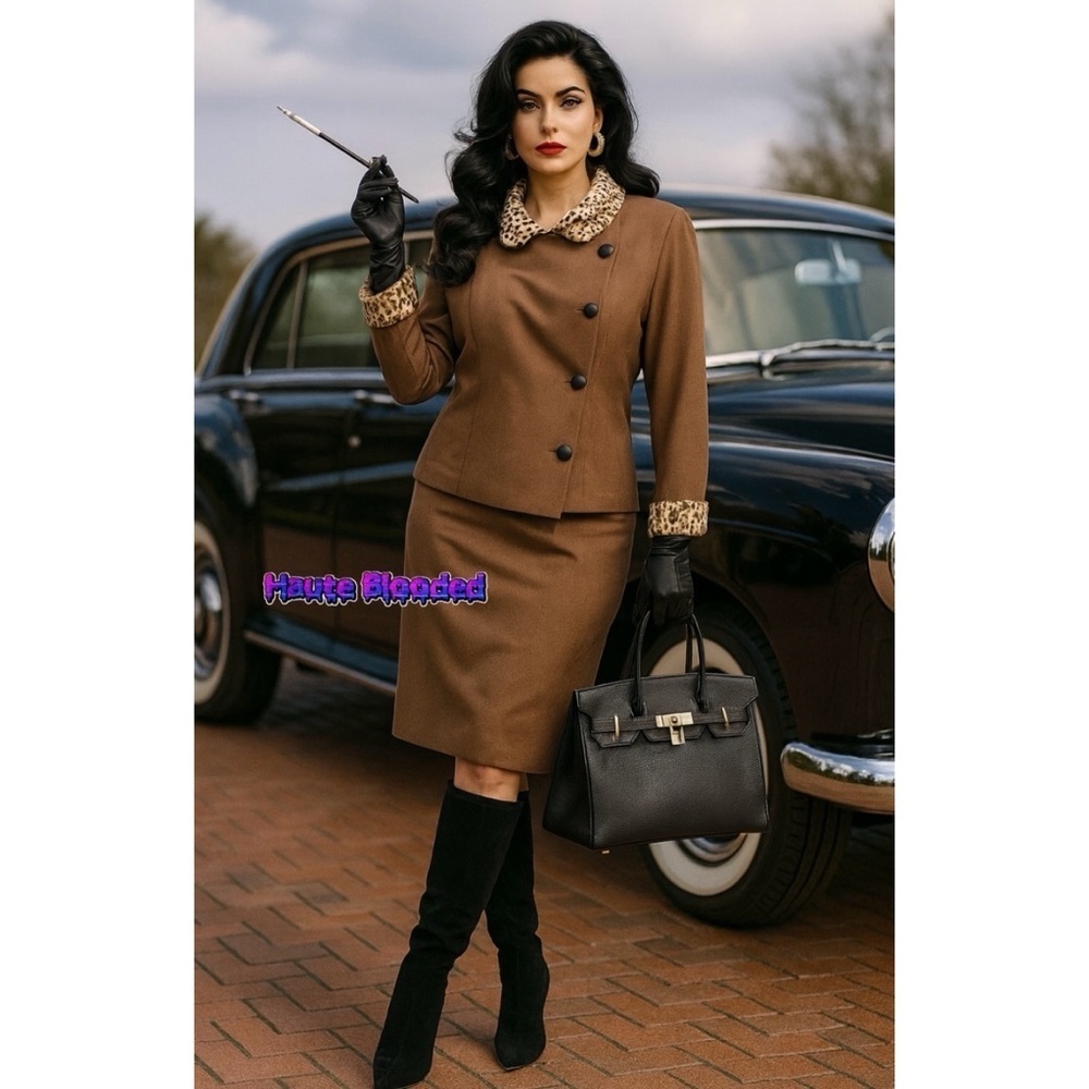 Caron Petite Chicago Suit Vintage Skirt Faux Fur Leopard 60s Mob Wife Business